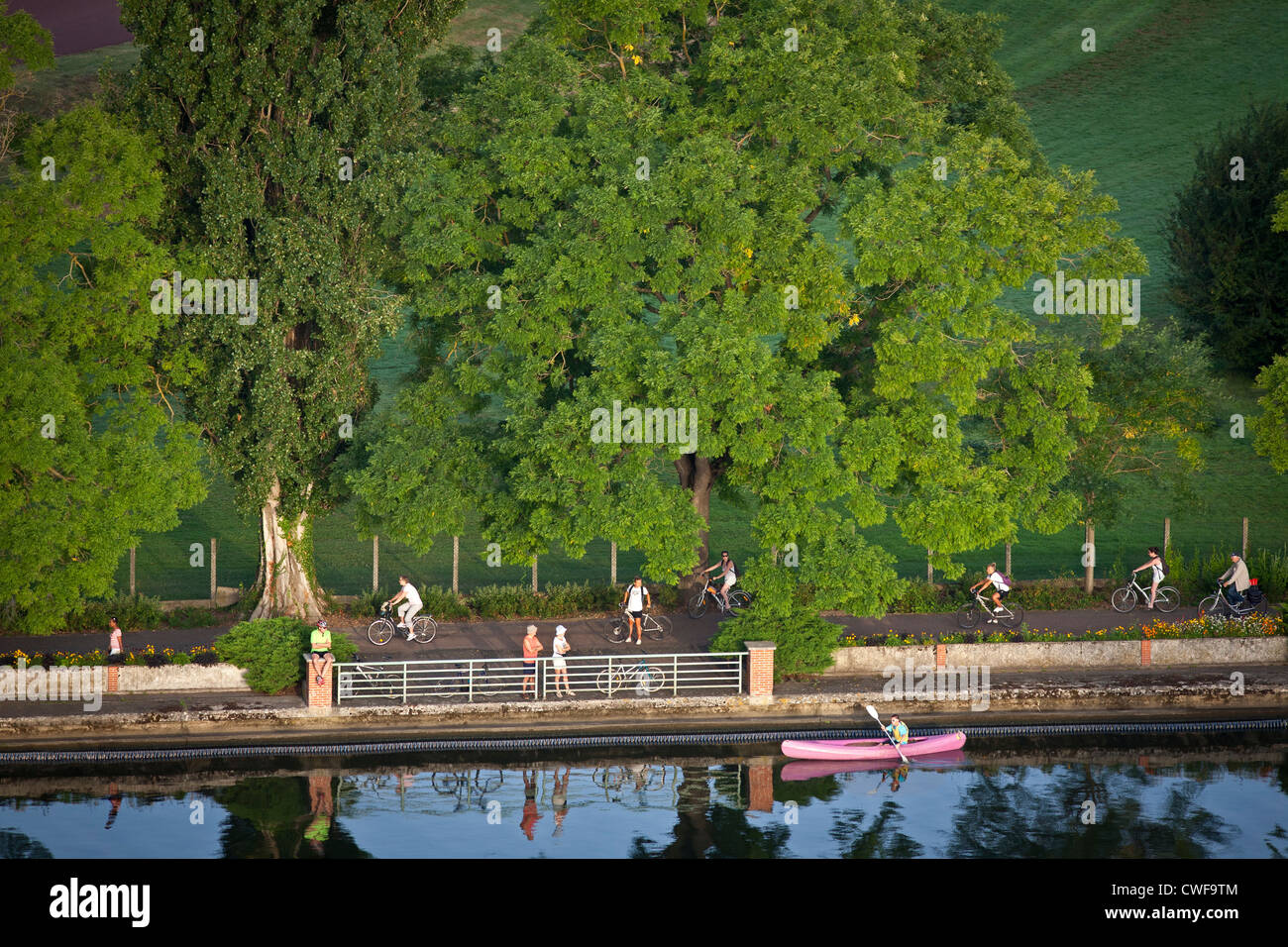 An aerial view of the laid-out esplanade for pedestrians, on the left bank of the Allier Lake (Vichy - Auvergne - France). Stock Photo