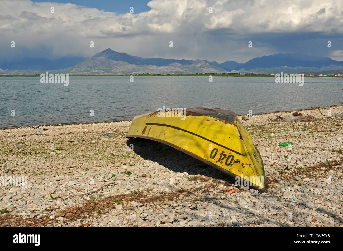 EUROPE, Albania, Lake Shkodra (Skadar Lake) beauty spot, view over lake with fishing boats at front Stock Photo