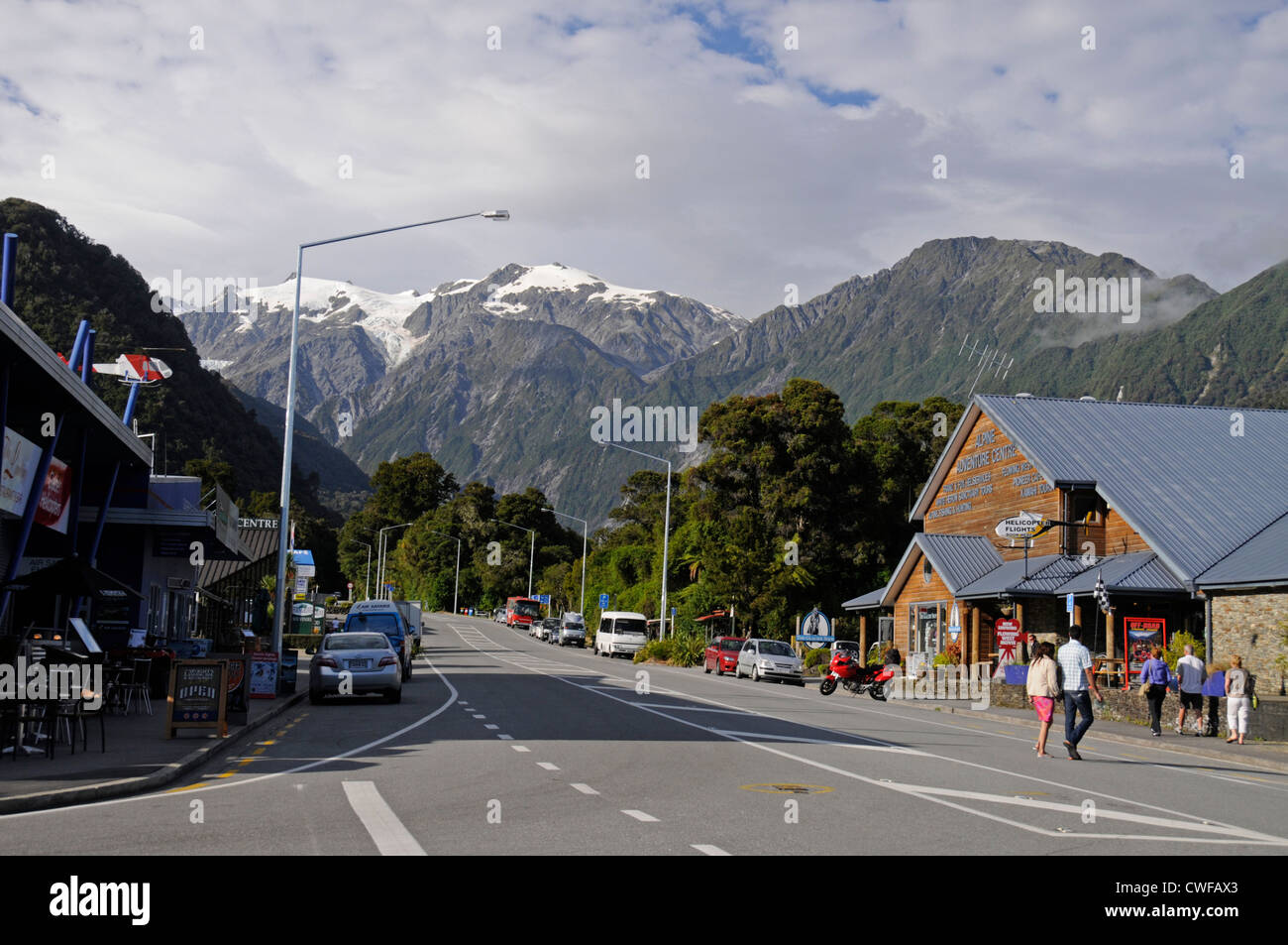 The main street on State highway 6 ( Franz Josef Highway) in Franz Josef, New Zealand Stock Photo