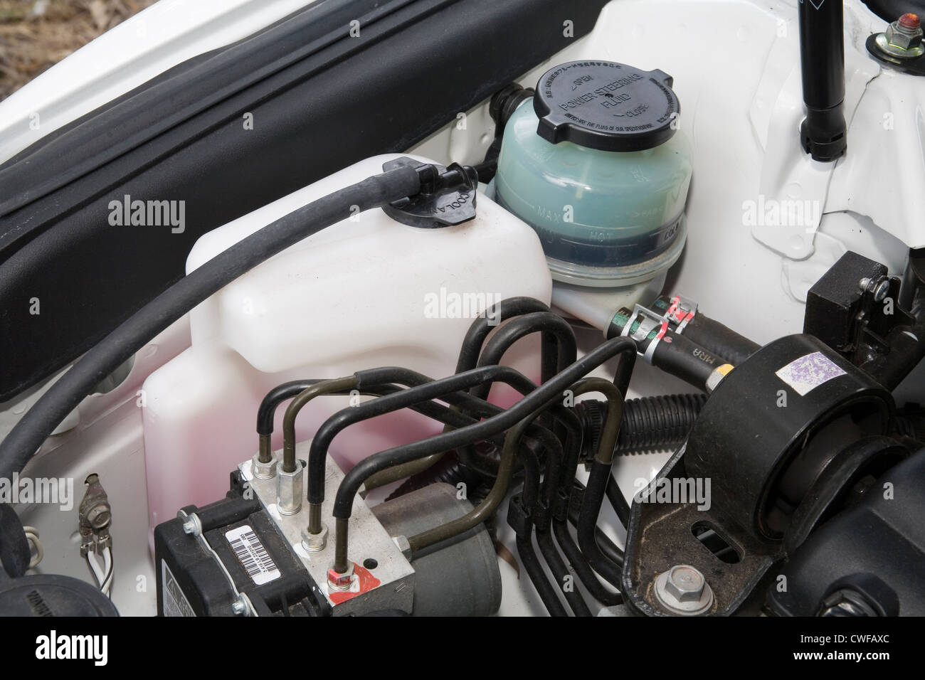 Radiator overflow bottle and brake fluid reservoir in the engine bay of a car Stock Photo Alamy