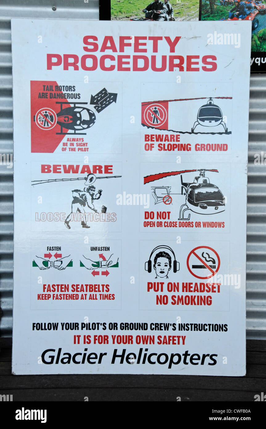 A Helicopter safety procedures board at a Sightseeing helicopter rides