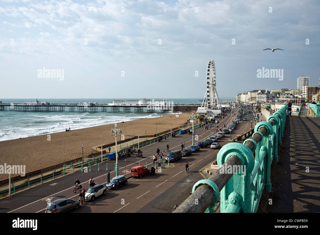 Brighton seafront, showing Madeira Drive looking towards Hove; with Palace Pier and the Brighton 'Eye'. Stock Photo