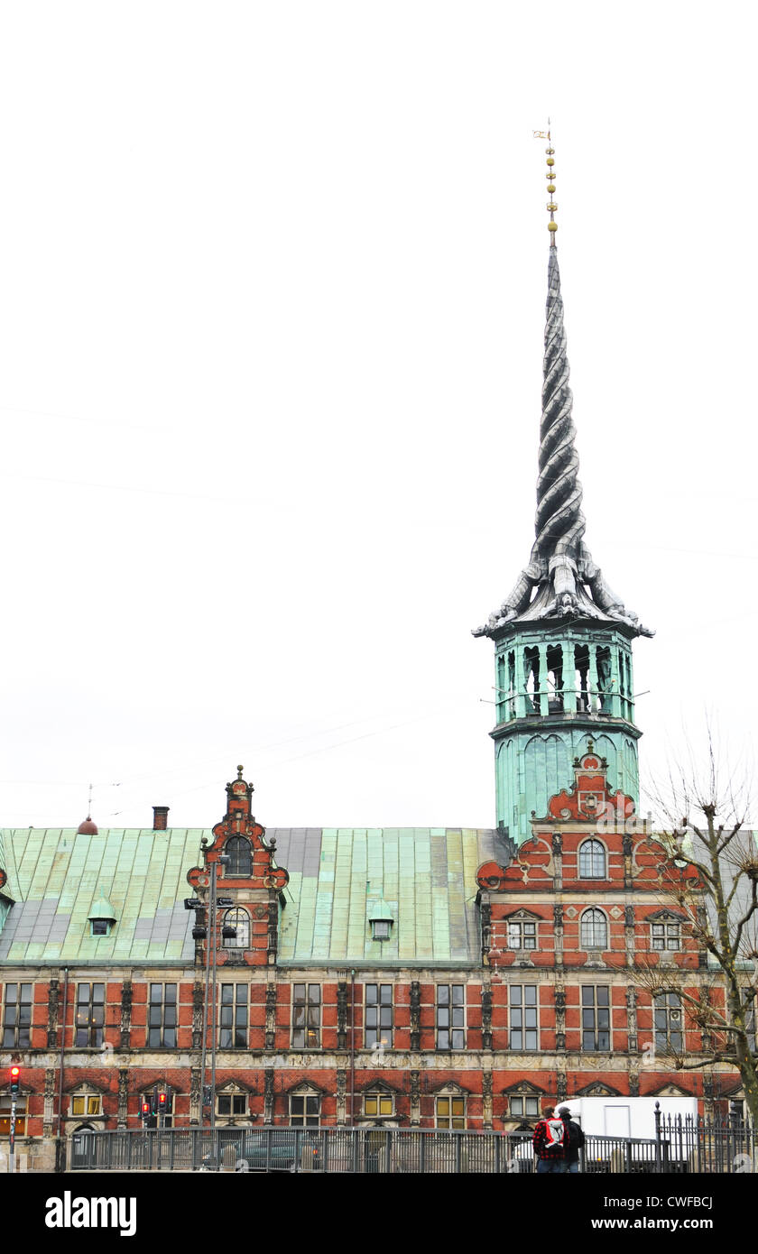 The tower of the old Stock Exchange building made of three dragon tails in Copenhagen Stock Photo
