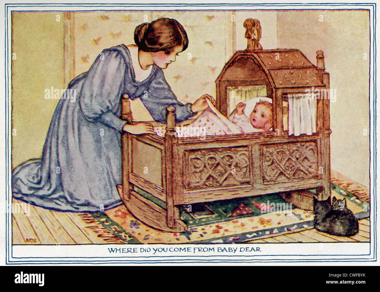 A 1917 illustration of a mother rocking her baby in a cradle, with kittens nearby. Stock Photo