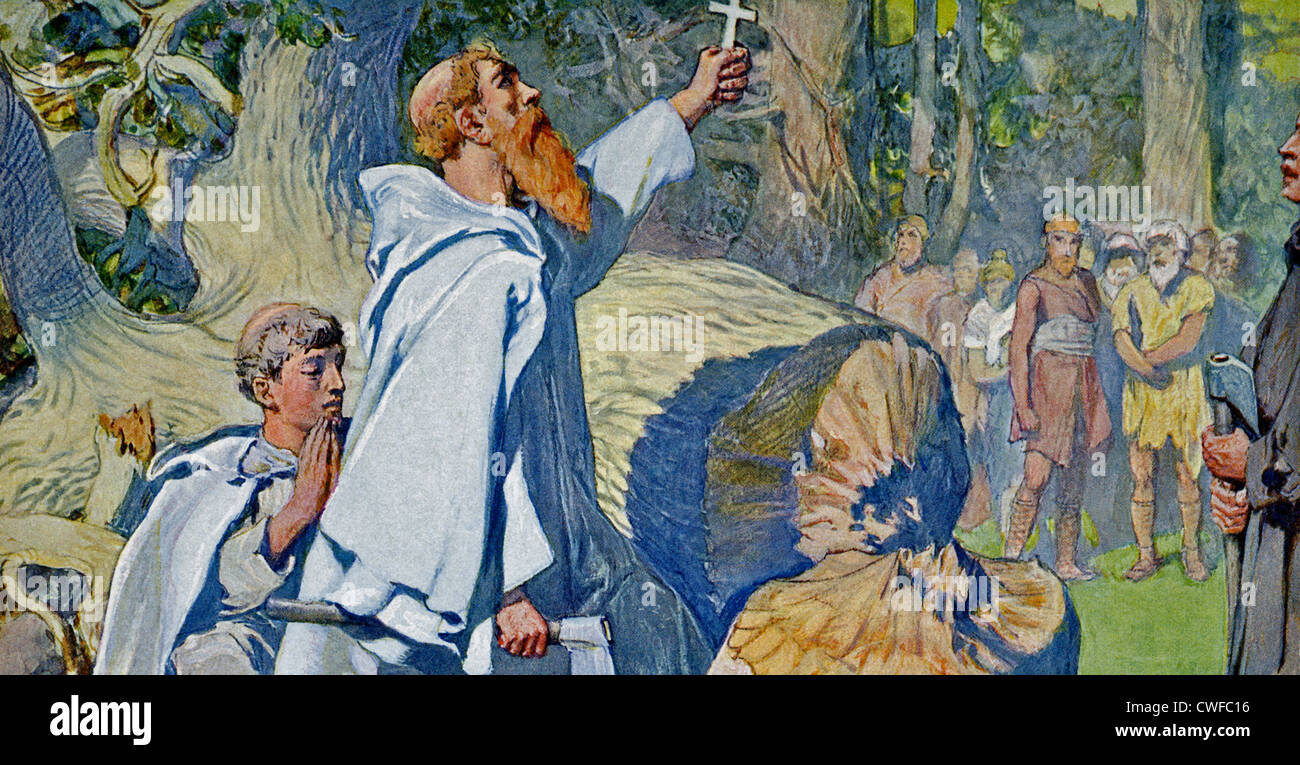 Saint Boniface, after felling the tree with the ax in his hand, holds a