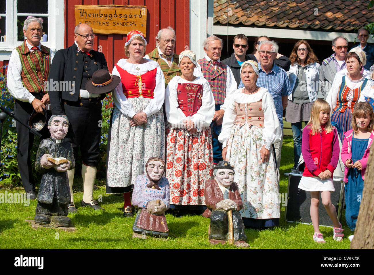 Group of elderly Swedes dressed in traditional costumes. Öckerö municipality, Northern Archipelago, Bohuslan, Gothenburg, Sweden Stock Photo