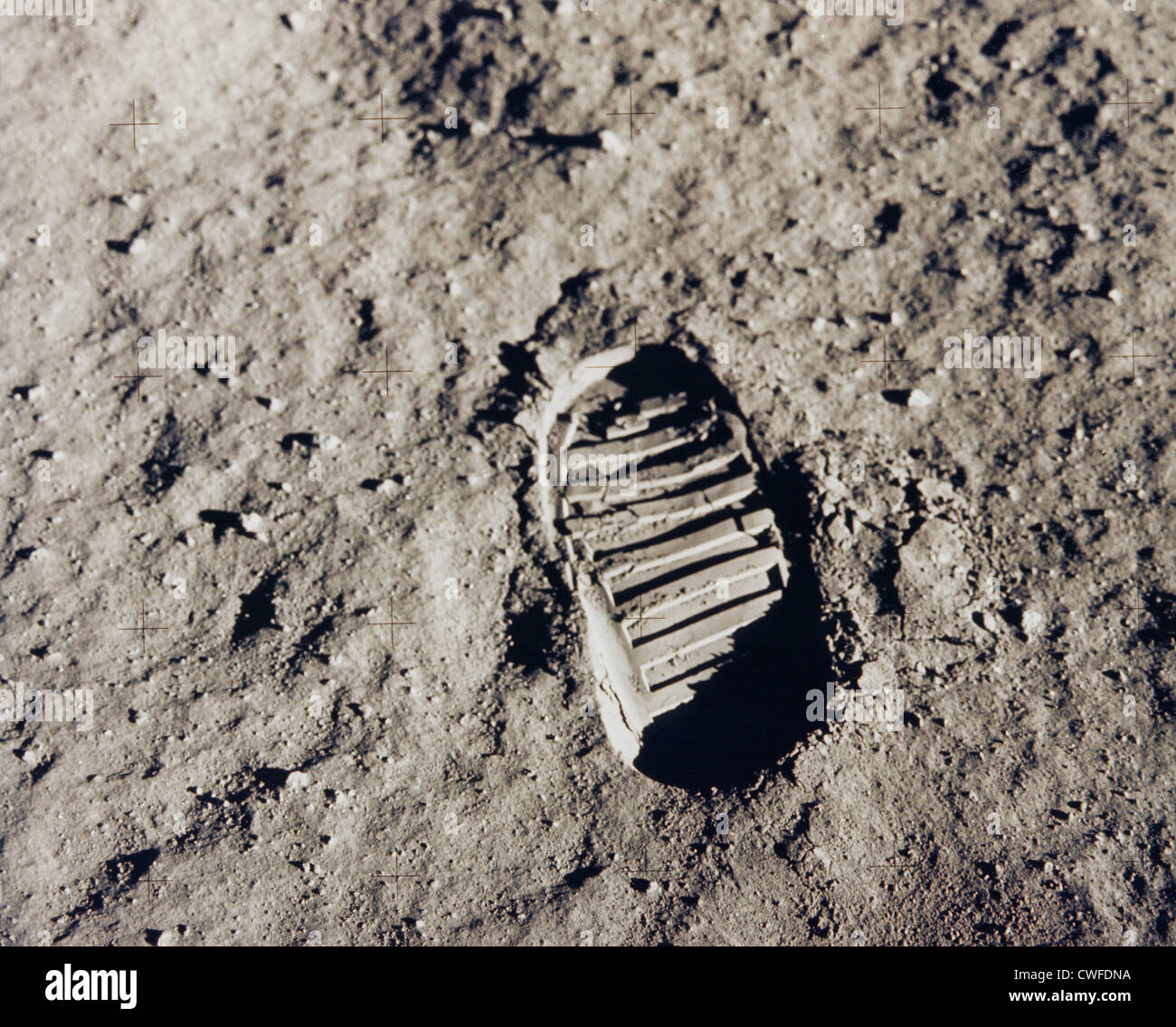 NASA Astronaut Neil Armstrong's photo showing Buzz Aldrin's boot print on the surface of the moon from the Apollo 11 mission module. Neil Armstrong and Buzz Aldrin became the first people to walk on the Moon on July 20, 1969. Stock Photo