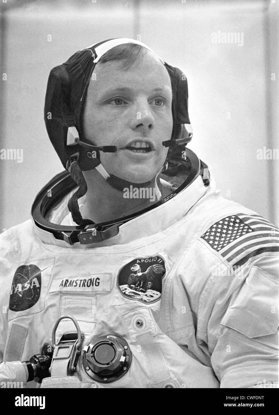 NASA Astronaut Neil A. Armstrong and Apollo 11 Spacecraft Commander in his space suit before boarding Saturn V launch vehicle on the first manned lunar mission July 16, 1969 at the Kennedy Space Center, Florida. Stock Photo