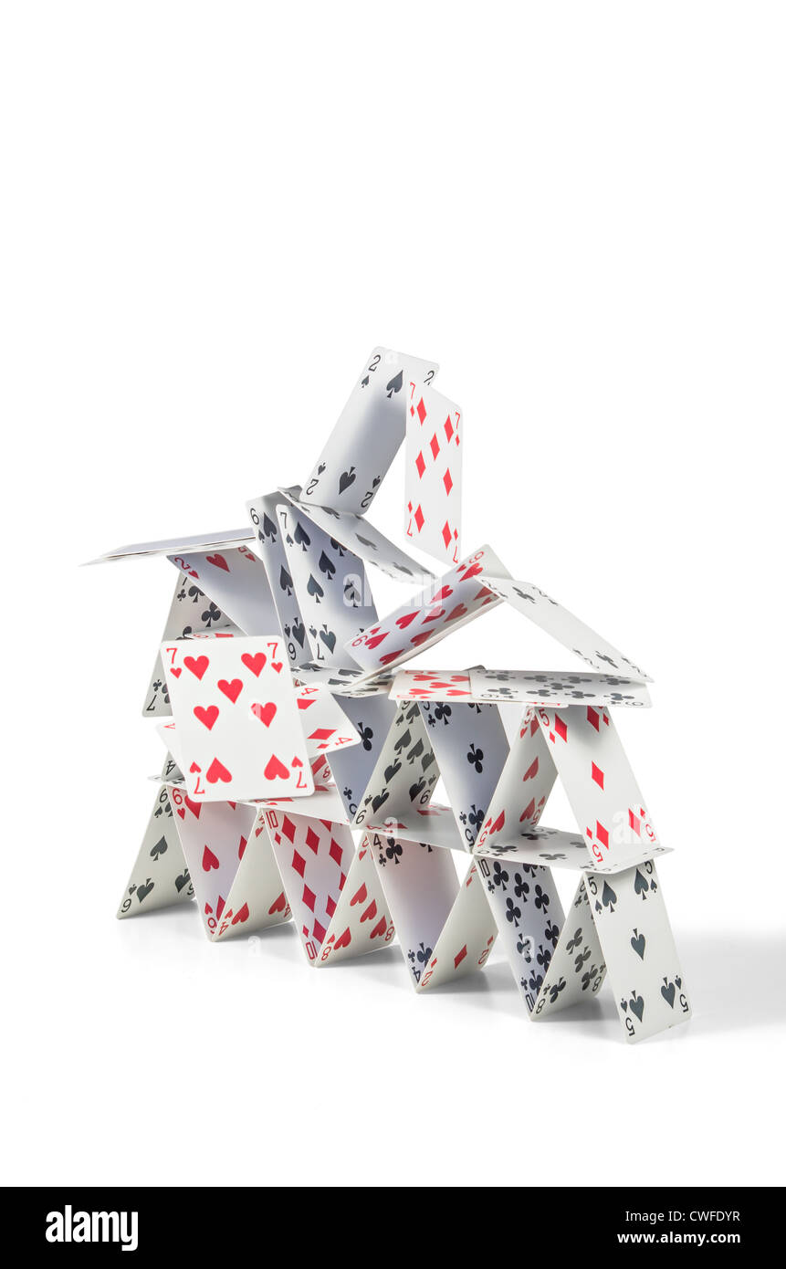 collapsing house of cards Stock Photo