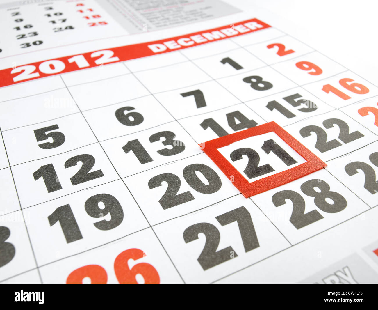 Calendar with the framed date of Judgment Day according to Mayan calendar. Stock Photo