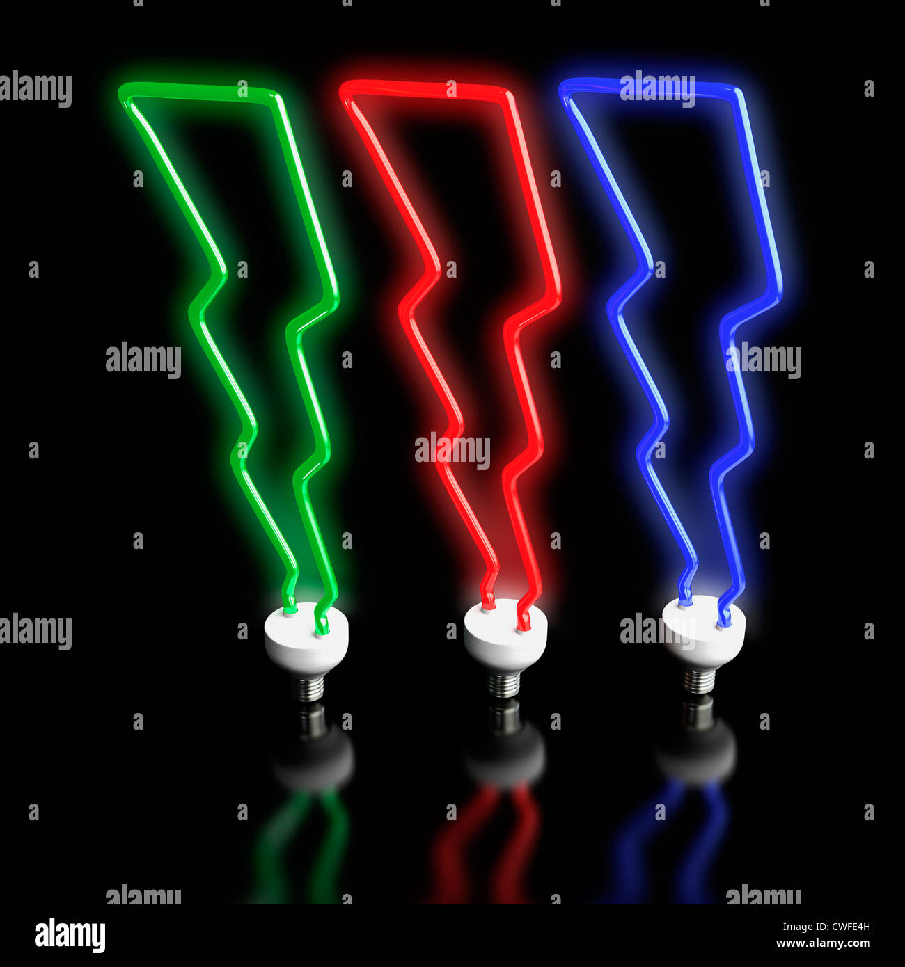 Fluorescent lightning flashes in the form of bulbs on black background