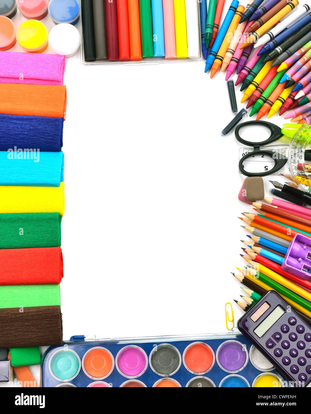 School and office supplies frame, on white background, back to school Stock Photo