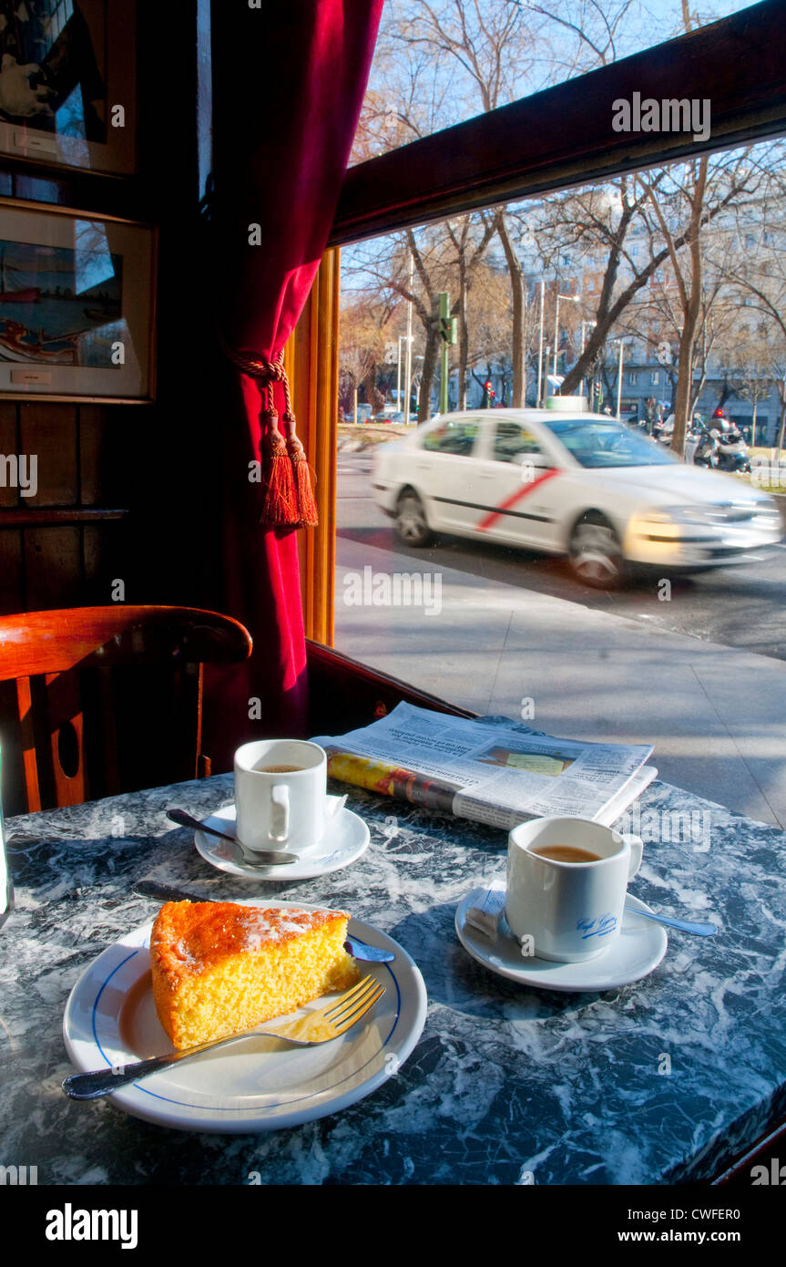 Coffee and cake for two. Madrid, Spain. Stock Photo