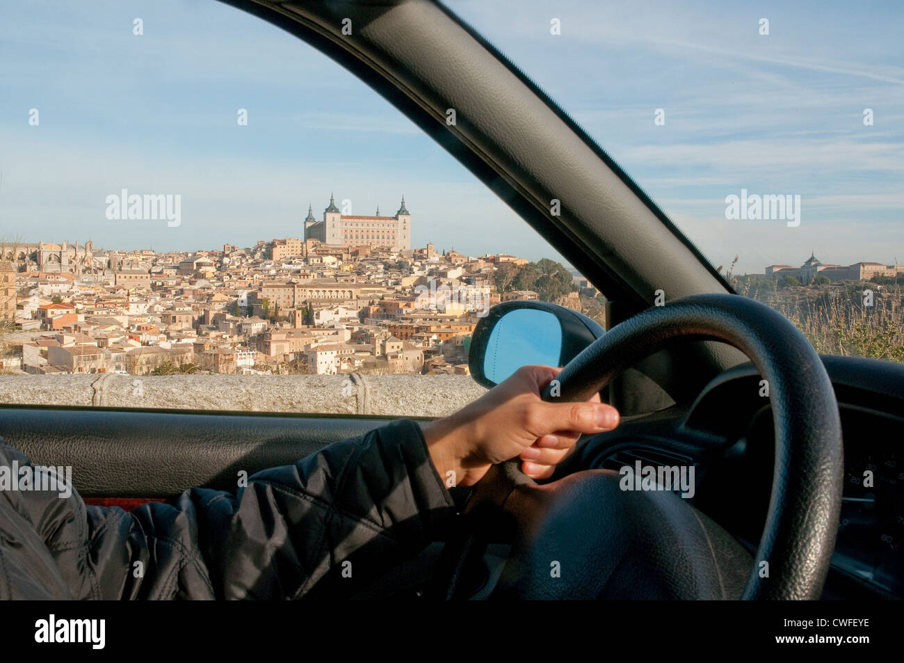 Overview of the city from inside a car. Toledo, Castilla La Mancha, Spain. Stock Photo