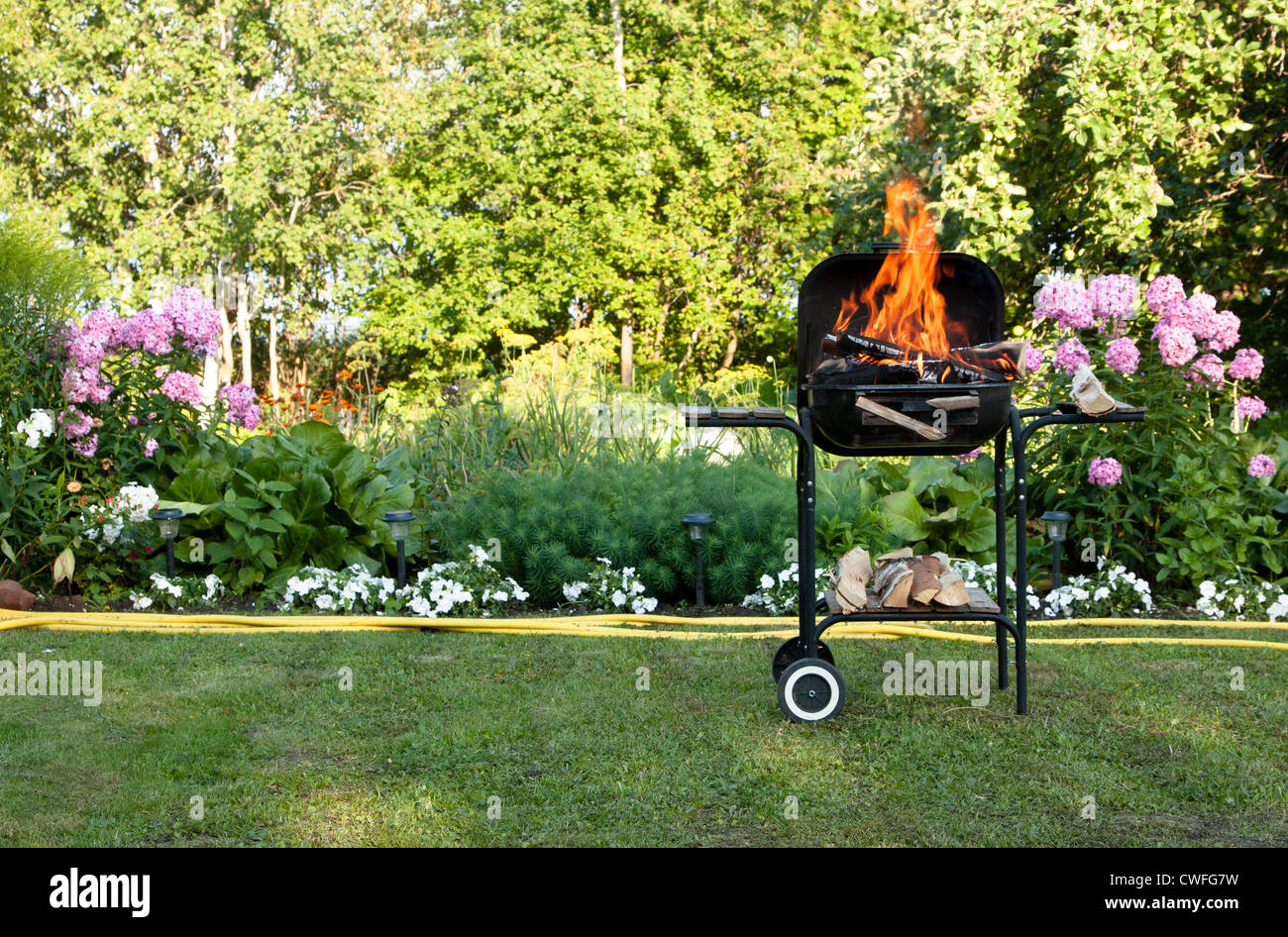 Flames in a barbecue Stock Photo