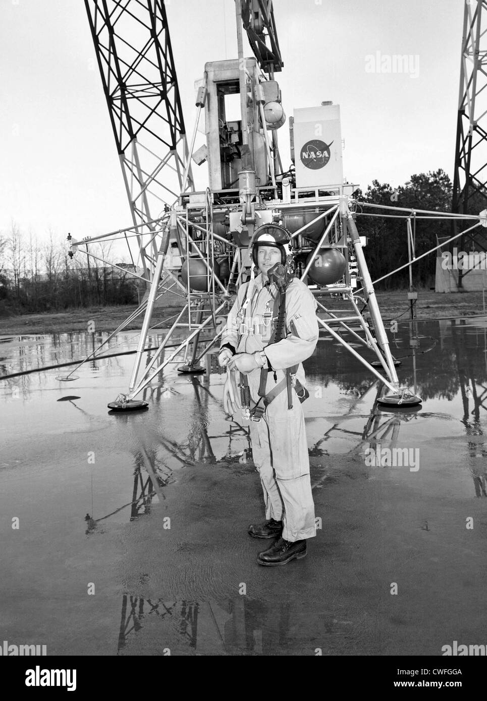 NASA Astronaut Neil Armstrong training for the historic Apollo 11 mission at the Lunar Landing Research Facility February 12, 1969 Hampton, Virginia. Stock Photo