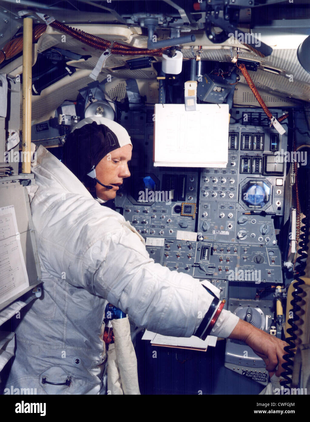 NASA Astronaut Neil A. Armstrong, commander for the Apollo 11 Moon-landing mission practices for the historic event in a Lunar Module simulator in the Flight Crew Training Building June 19, 1969 at the Kennedy Space Center, Florida. Stock Photo