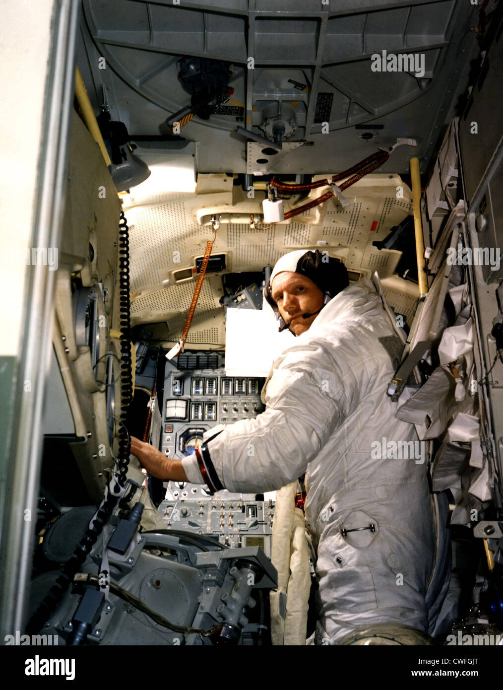 NASA Astronaut Neil A. Armstrong, commander for the Apollo 11 Moon-landing mission practices for the historic event in a Lunar Module simulator in the Flight Crew Training Building June 19, 1969 at the Kennedy Space Center, Florida. Stock Photo