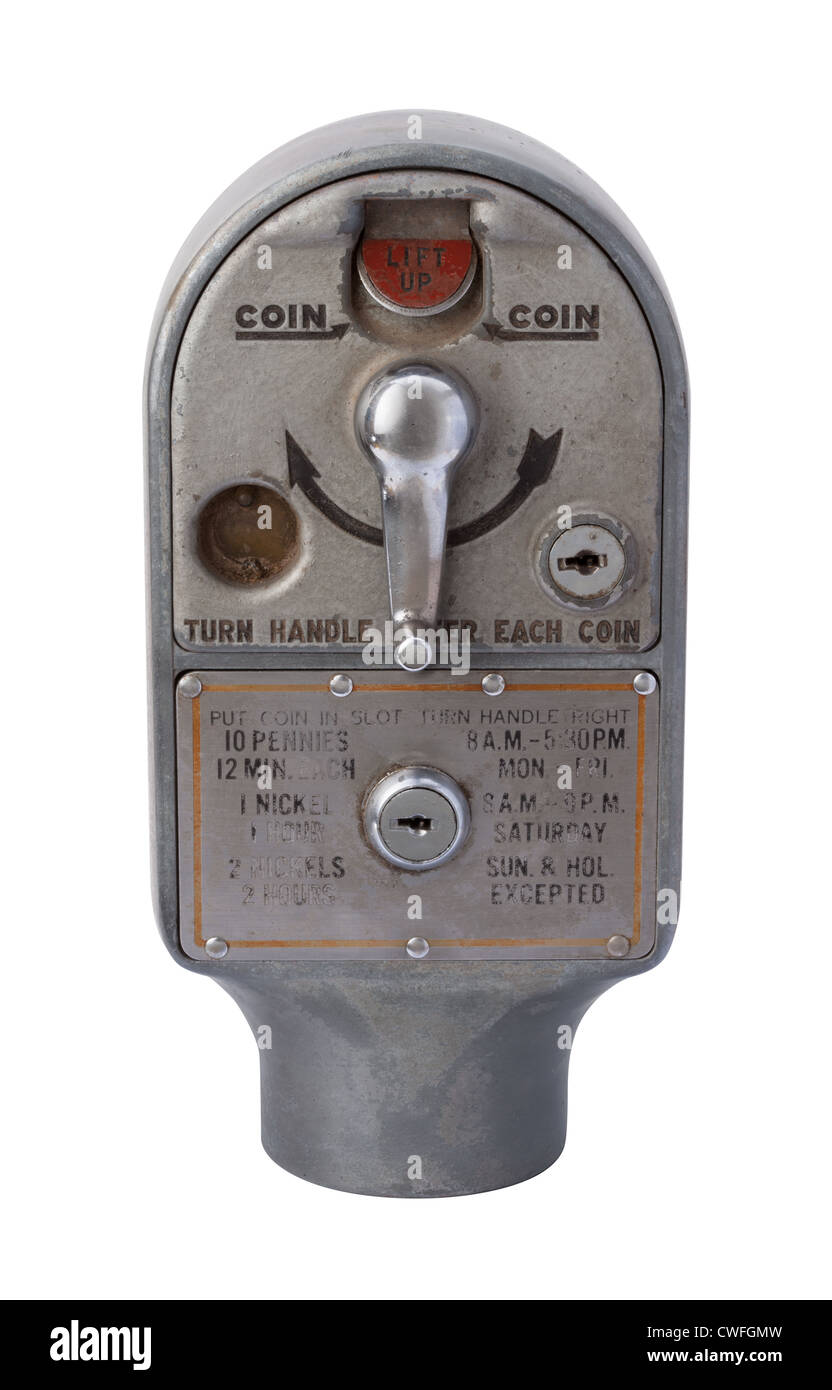 Antique Parking Meter (1953) Violation, isolated on white. Stock Photo