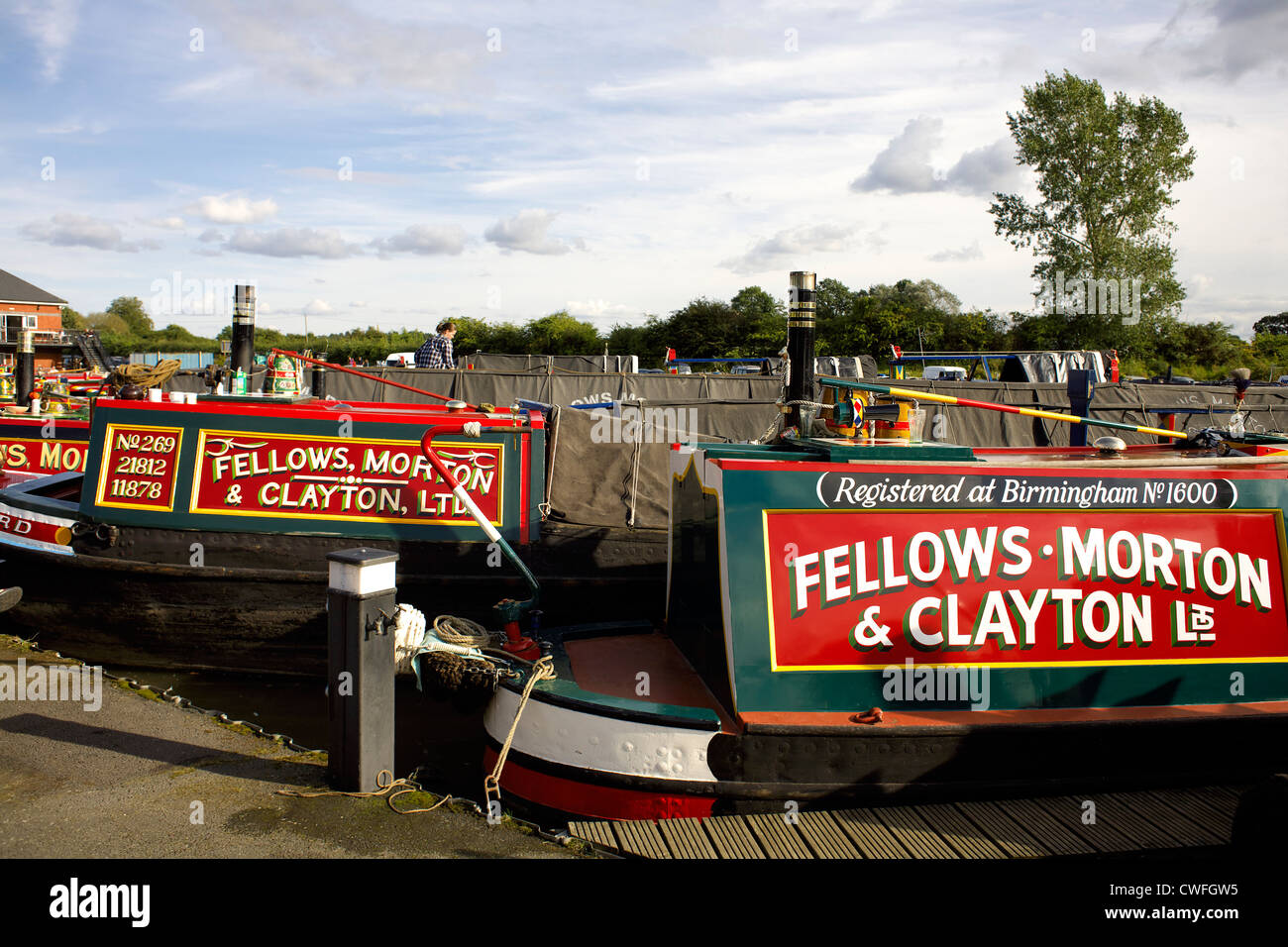 Colourful historic narrowboats, Alvecote Marina, Coventry Canal, near Tamworth, Staffordshire, England, UK, narrow, boat, boats, Stock Photo