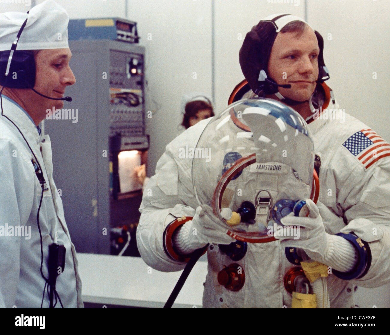 NASA Astronaut Neil Armstrong, Commander of the Apollo 11 prepares to don his helmet on launch day July 16, 1969 at the Kennedy Space Center, FL. Stock Photo