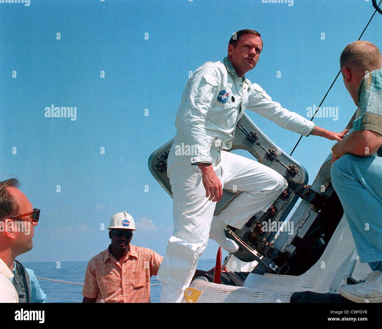 NASA Astronaut Neil Armstrong on the deck of the NASA Motor Vessel Retriever prior to participating in water egress training in the Gulf of Mexico May 24, 1969. Stock Photo