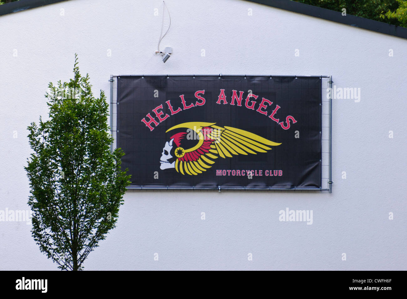 Hells Angels Motorcycle Club gang clubhouse with emblem on house front - Heilbronn Biberach Germany Europe Stock Photo