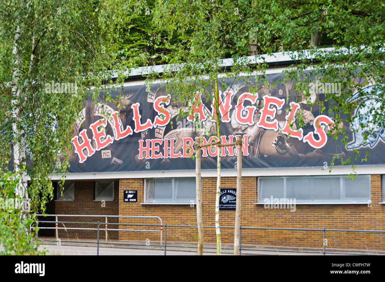Hells Angels Motorcycle Club gang clubhouse with emblem on house front - Heilbronn Biberach Germany Europe Stock Photo
