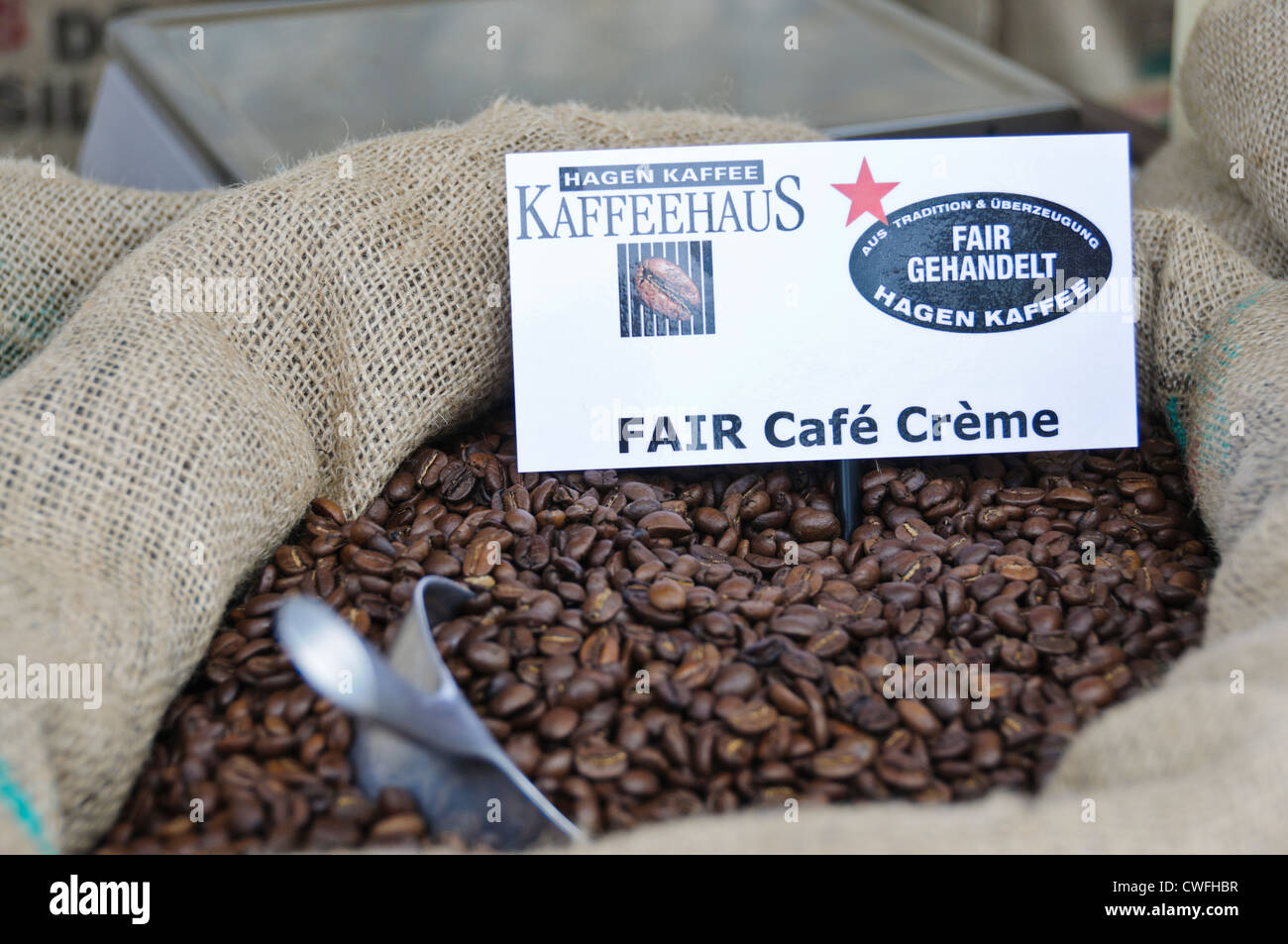 Fair Trade Café Crème Brazilian coffee beans in jute bag – German  Kaffeehaus Kaffee Hagen, Heilbronn South Germany Stock Photo - Alamy