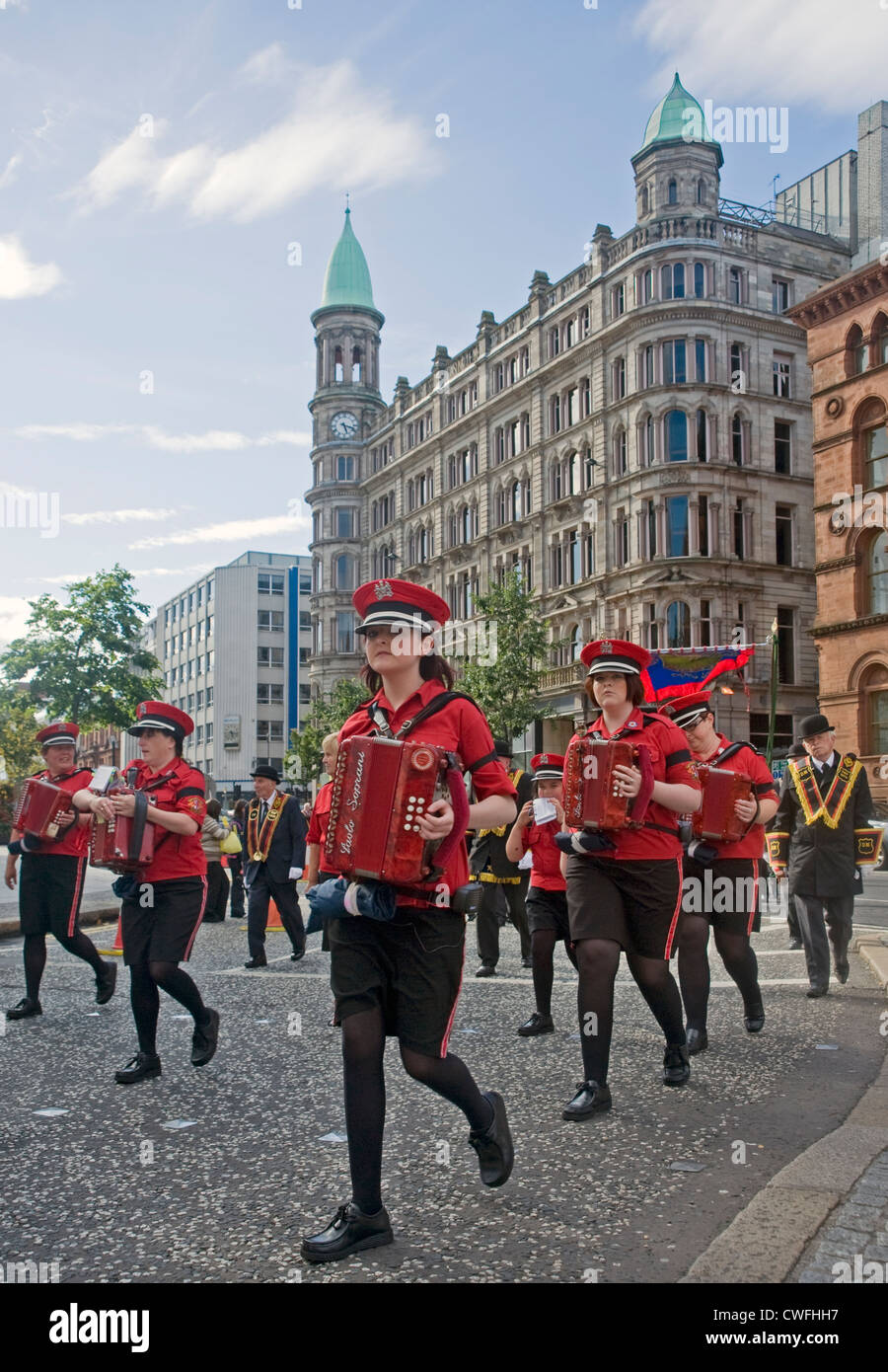 Loyalist accordian band marching in Donegall Square, Belfast. Stock Photo