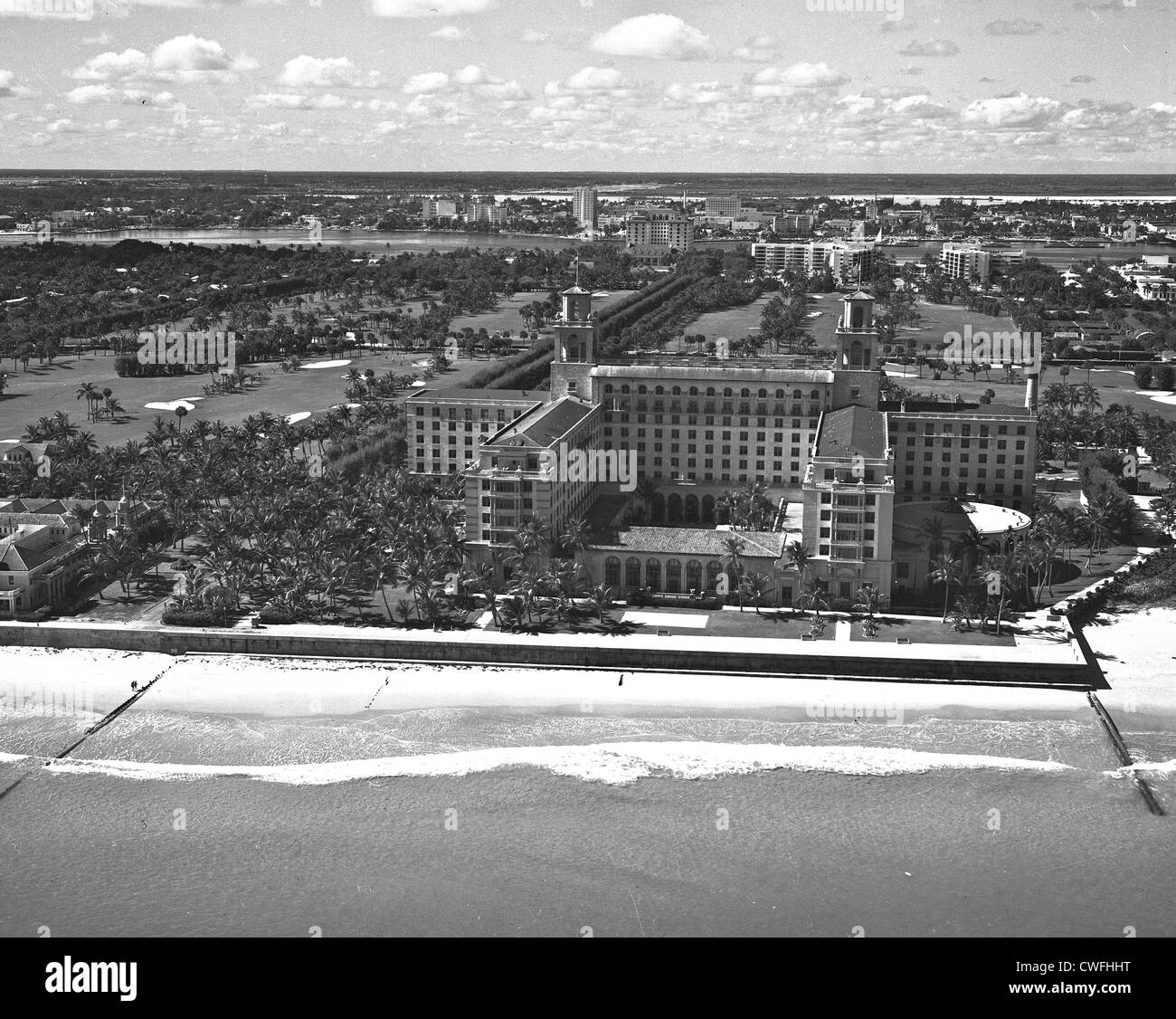 Aerial view of the famous Breakers Hotel, Palm Beach, Florida  with the city of West Palm Beach in the background, ca 1940 Stock Photo