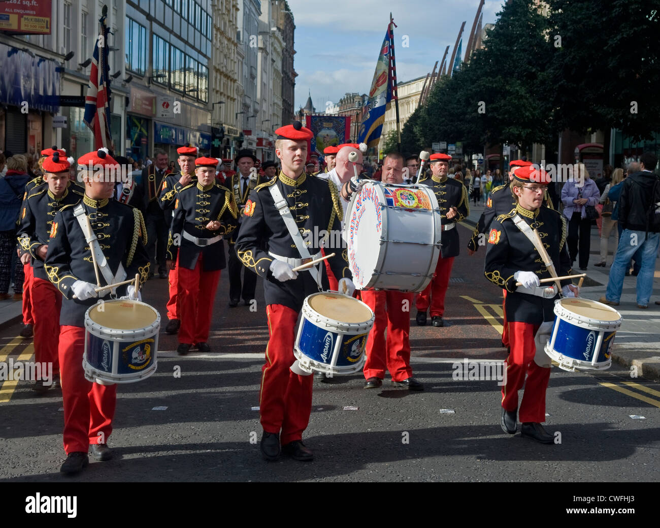 'Rising Sons of the Valley' marching band from Kilkeel, Donegall Place, Belfast. Stock Photo