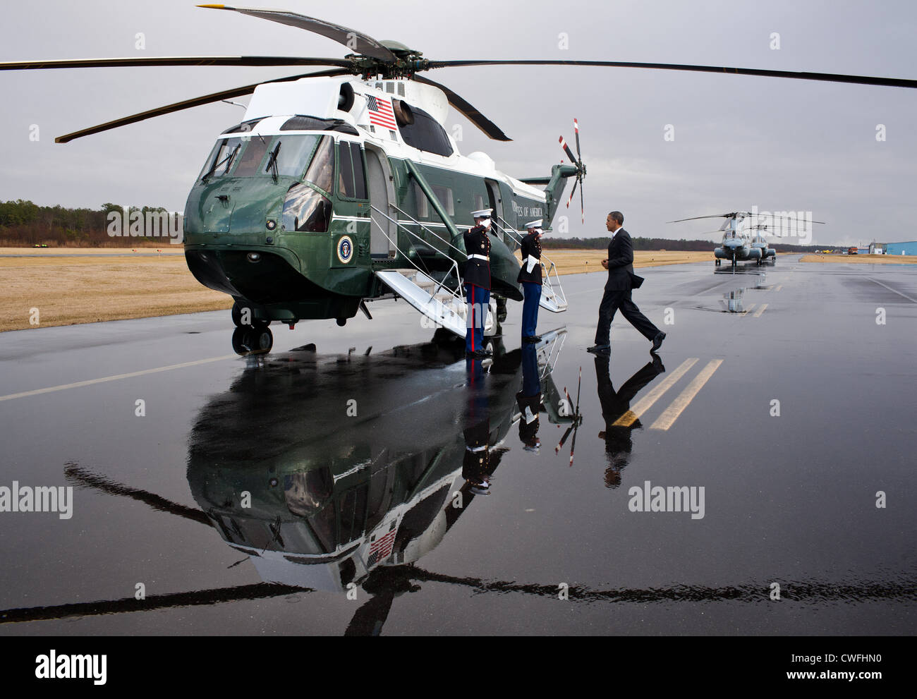 President Barack Obama boards Marine One for departure from Cambridge-Dorchester Airport in Cambridge, Md., Jan. 27, 2012. (Offi Stock Photo