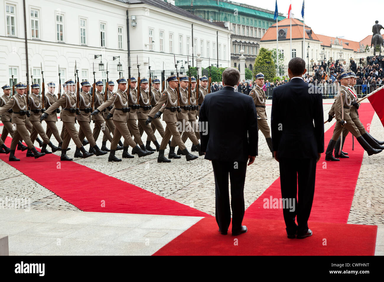 President Barack Obama and President Bronislaw Komorowski of Poland participate in the arrival ceremony in the courtyard of the Stock Photo