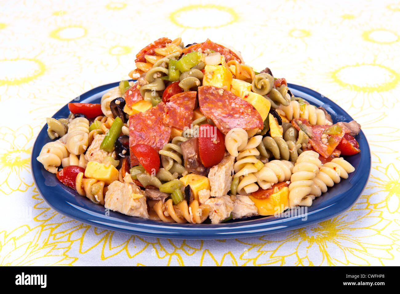 A plate of fresh pasta with pepperoni, macaroni, chicken, cheddar cheese and assorted vegetables Stock Photo