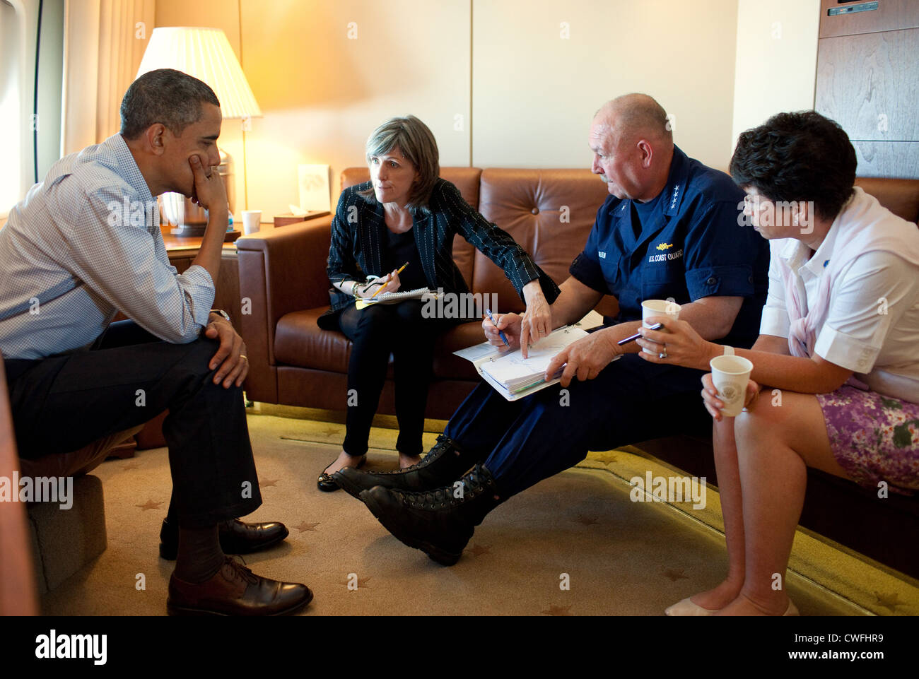 President Barack Obama is briefed about the ongoing response to the BP oil spill by, from left, Carol Browner, assistant to the Stock Photo