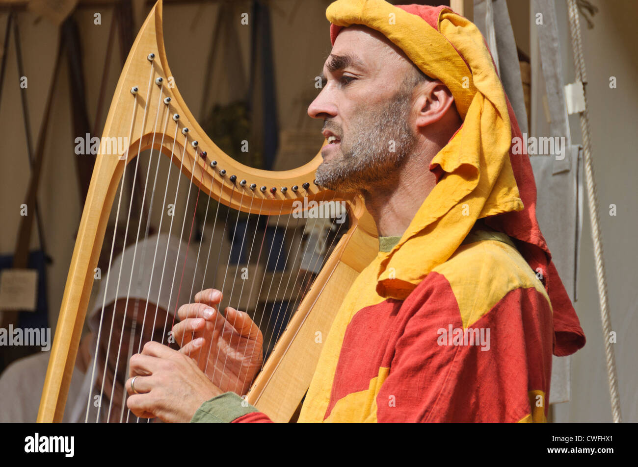 Male harpist in colorful medieval oriental costume plays ancient harp