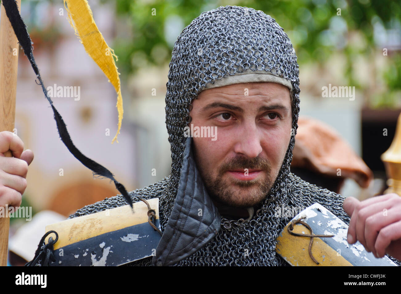 Man in arms medieval costume pikeman knight at an medieval market, historical spa Staufer town Bad Wimpfen South Germany Stock Photo