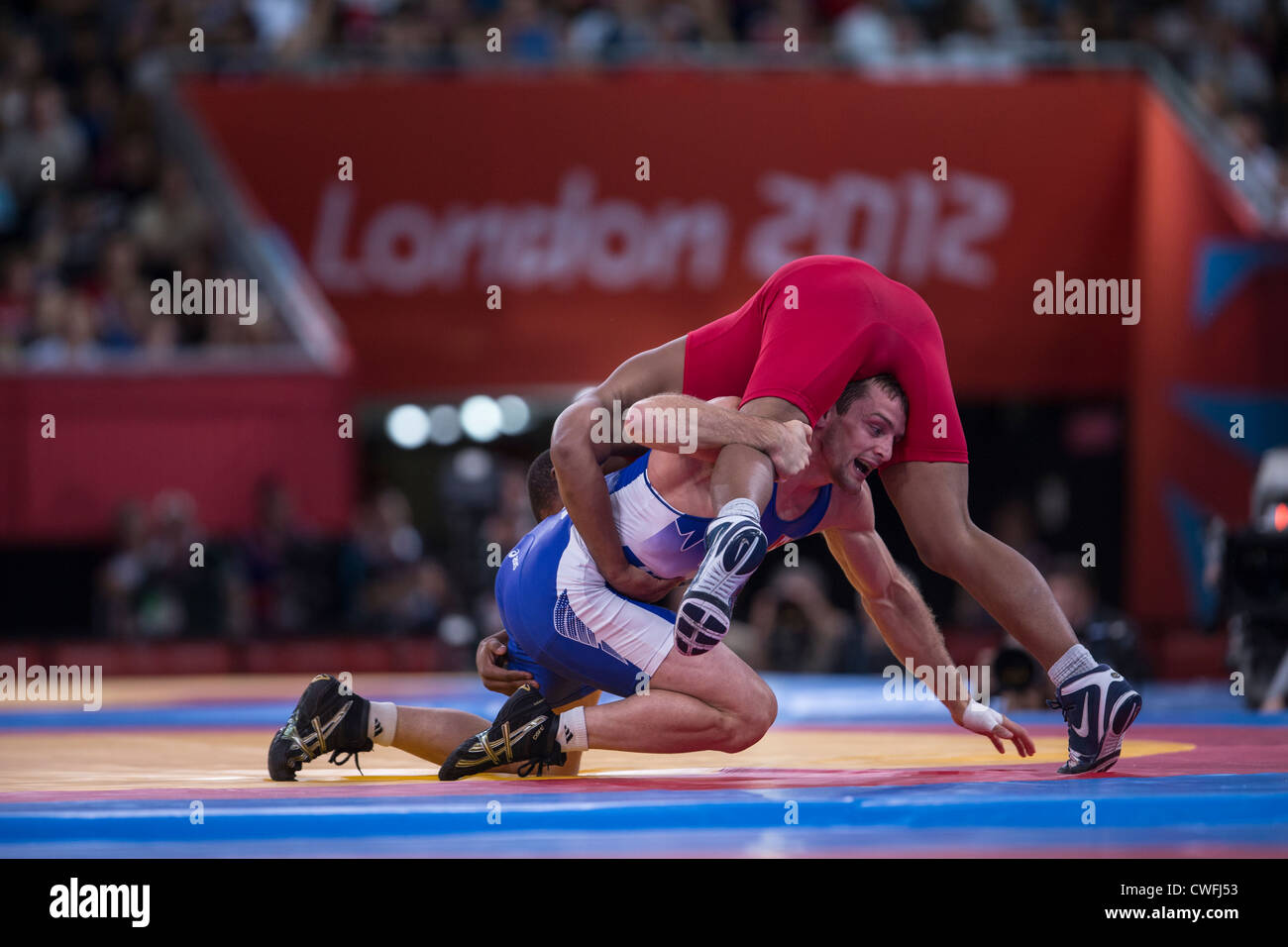 Matthew Judah Gentry (CAN) -B- vs Francisco Daniel Soler Tanco (PUR) in Men's 74kg Freestyle Wrestling at t he Olympic Summer Ga Stock Photo