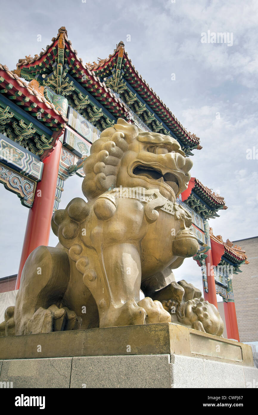 Chinese Female Foo Dog Prosperity Lion Statue at Chinatown Gate in Portland Oregon Stock Photo