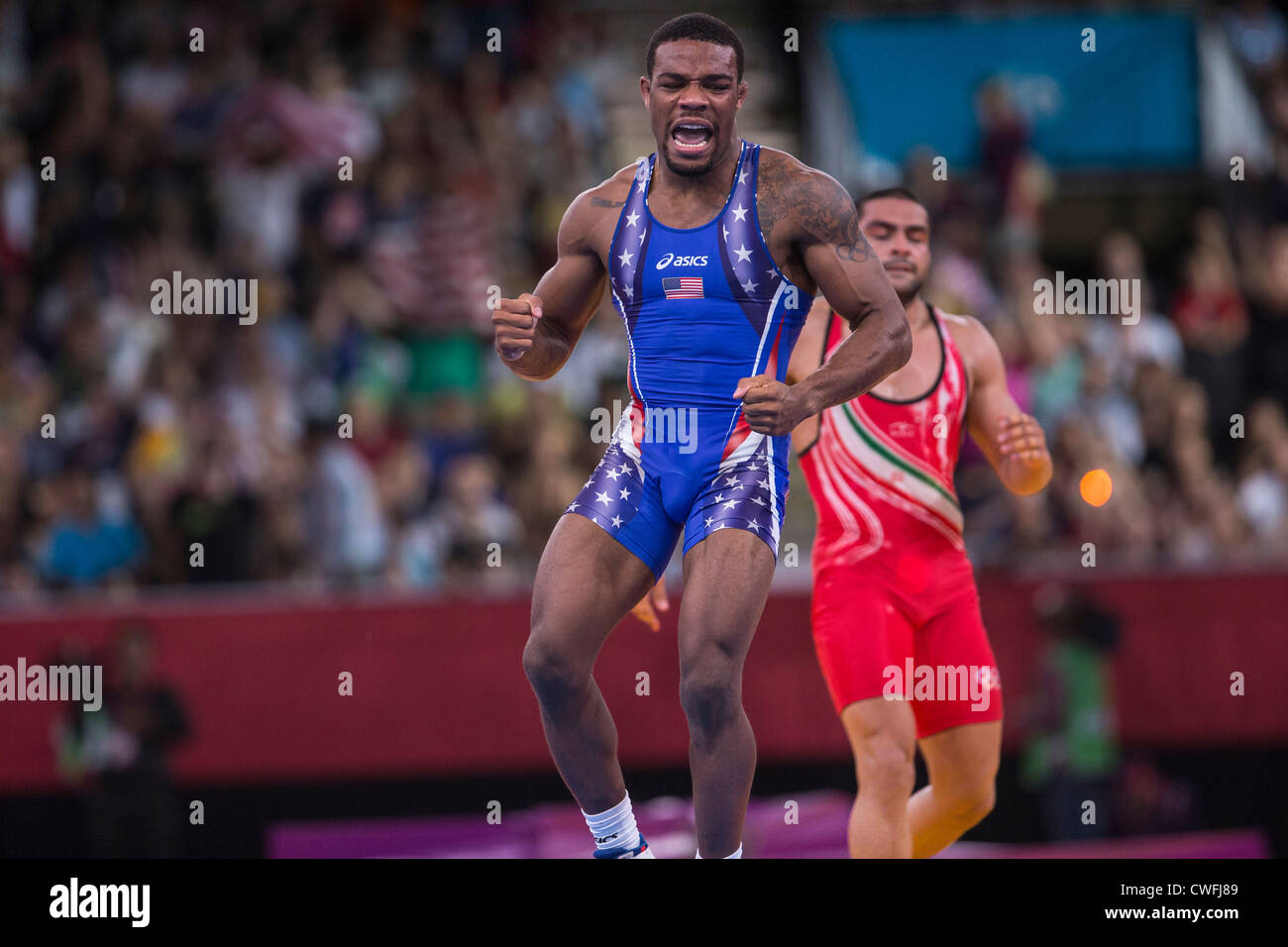 Jordan Ernest Burroughs (USA) wins the gold medal in Men's 74kg Freestyle Wrestling at the Olympic Summer Games, London 2012 Stock Photo