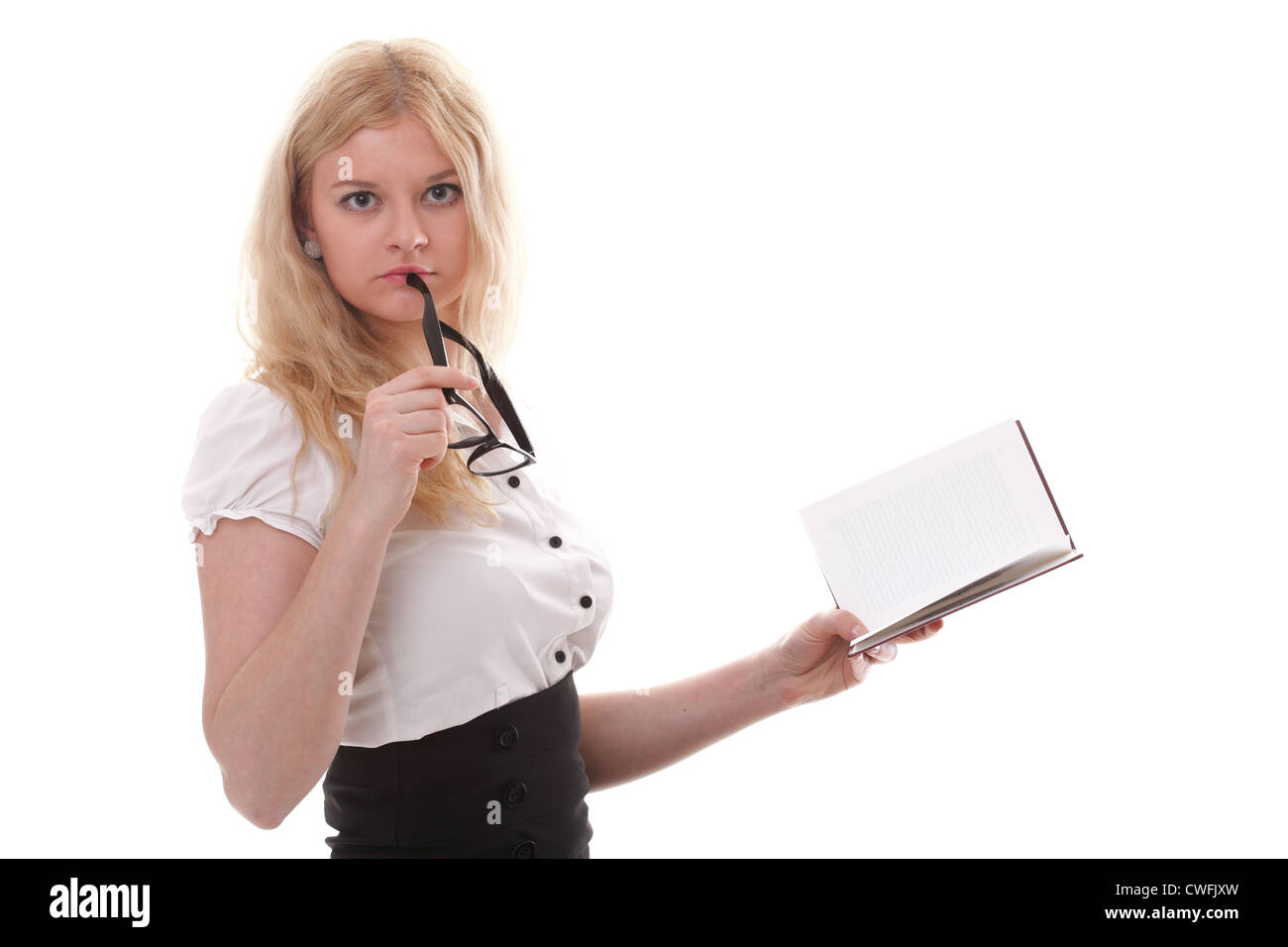 girl with book - Beautiful young woman with book isolated on a white ...