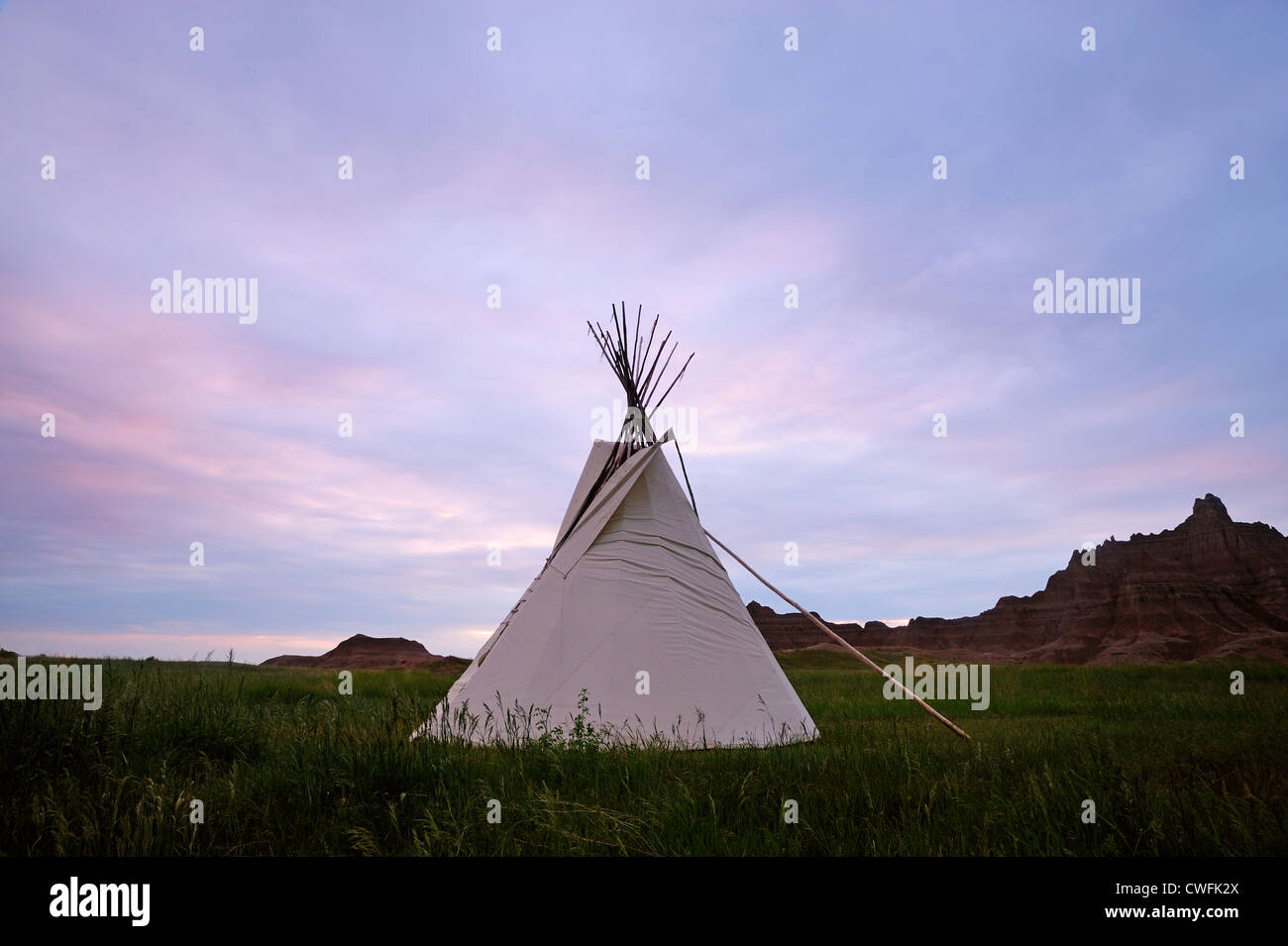 Native American tipi at sunset, Badlands National Park, South Dakota