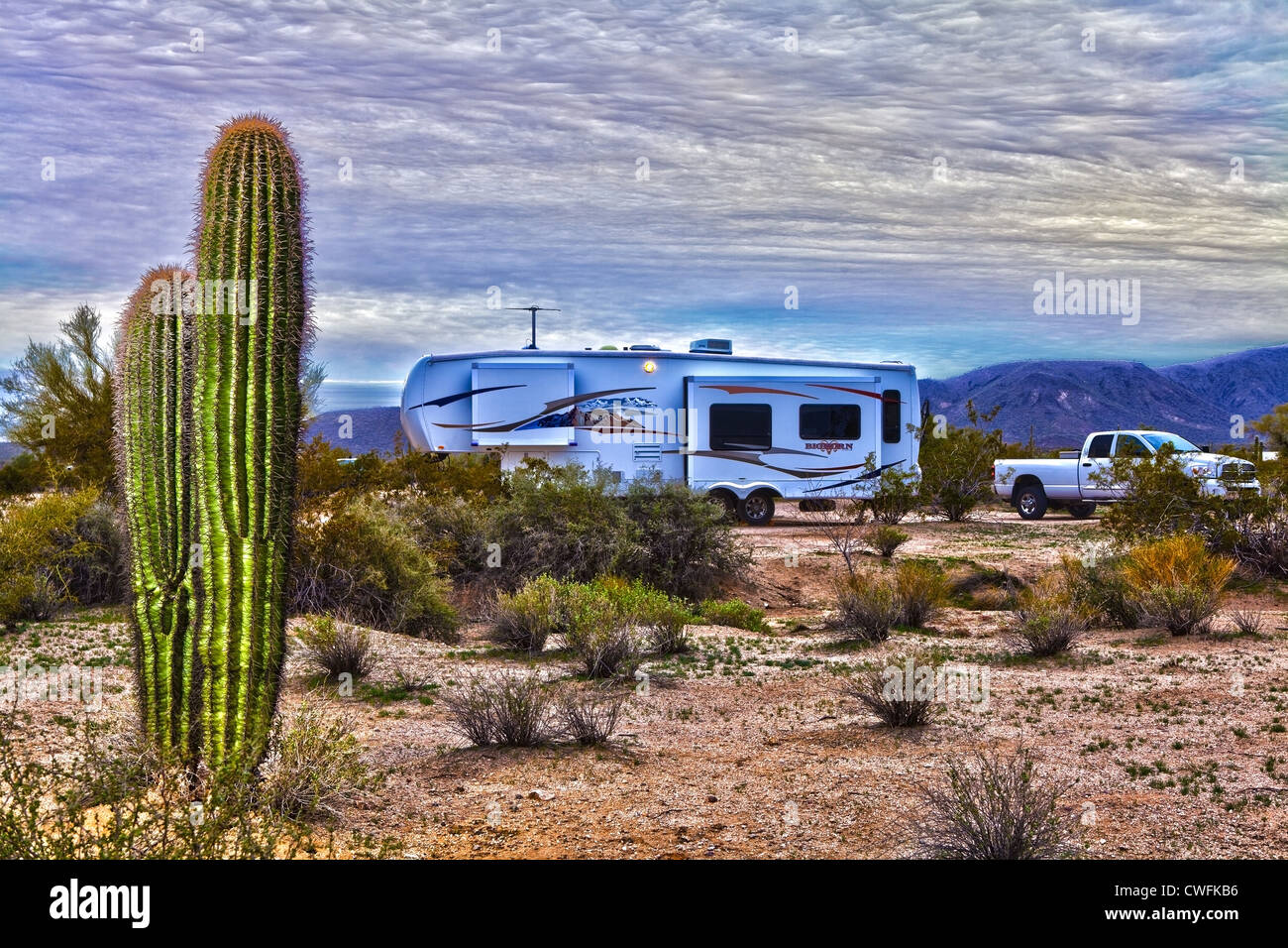 Saguaro cactus and recreational vehicle in the Arizona desert. Manipulated High Dynamic Range image. HDR Stock Photo