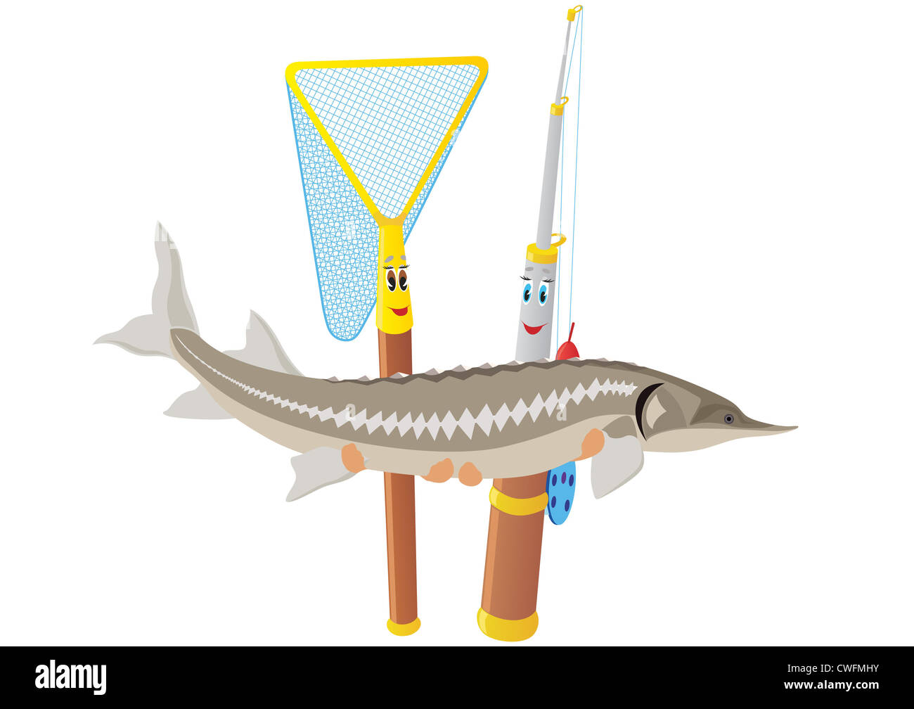 Fishing rod, net and sturgeon Stock Photo Alamy