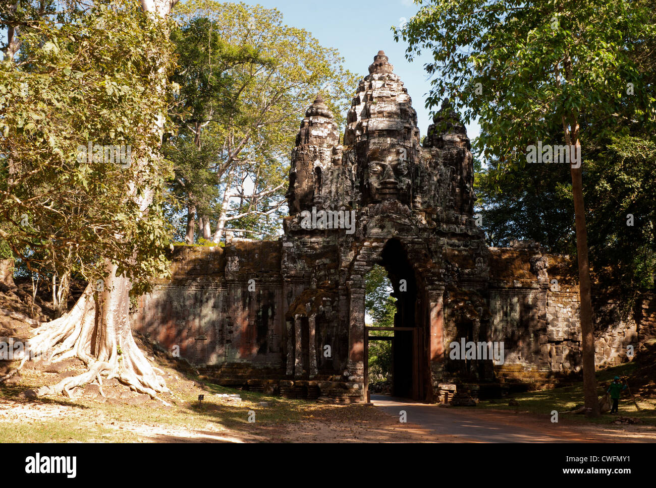 Early morning, south side of Angkor Thom North Gate, Angkor, Cambodia Stock Photo