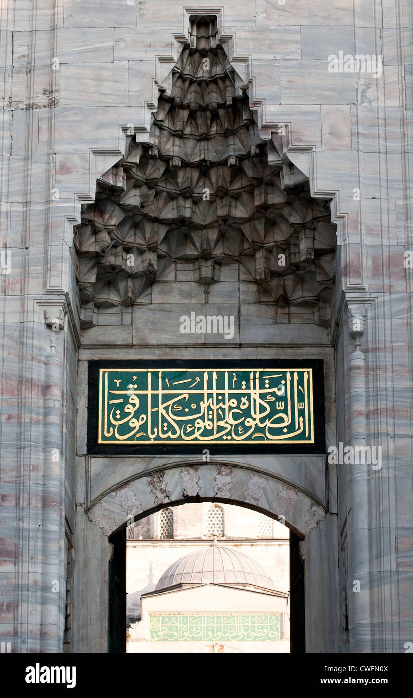 Portal stalactites and arabic calligraphy over the courtyard entry from the Hippodrome, Blue Mosque, Sultanahmet, Istanbul, Turkey Stock Photo