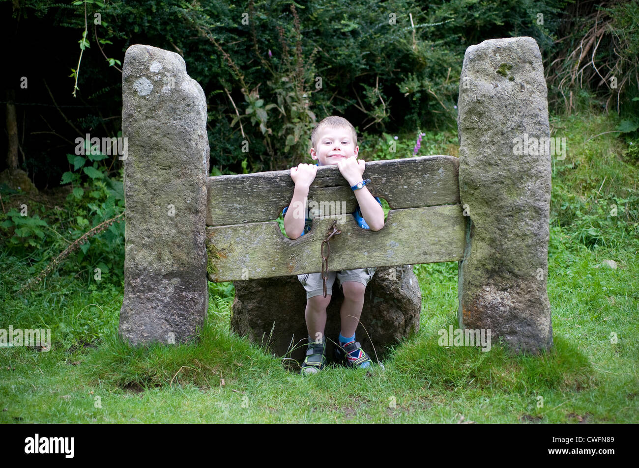 village stocks, authority, crime, criminal, england, humiliation, medieval, old, pain, penalty, police, punishment, shame, stock Stock Photo
