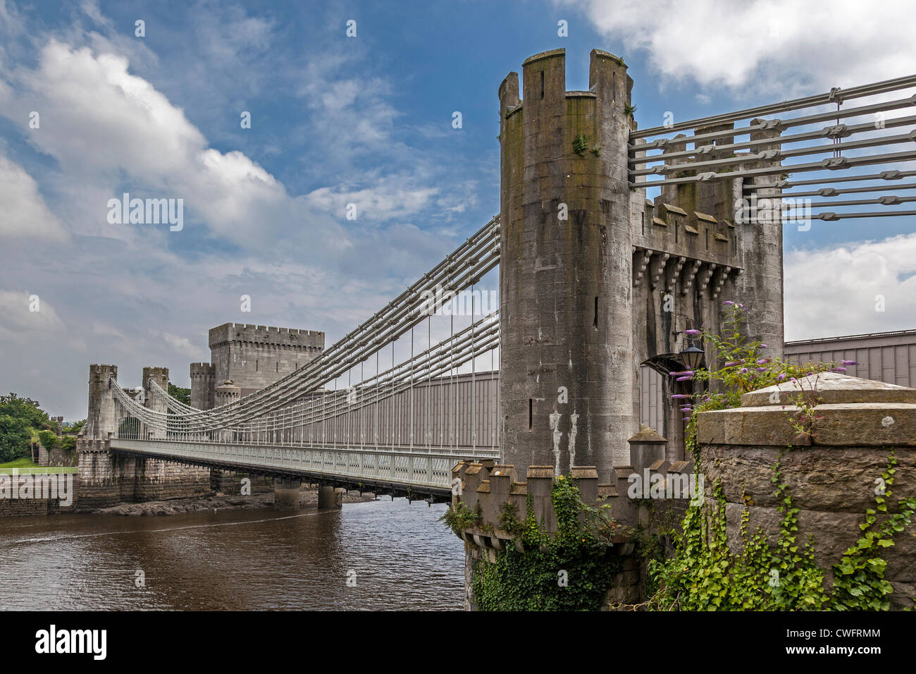Conwy Suspension Bridge over the river Conwy. Clwyd Stock Photo