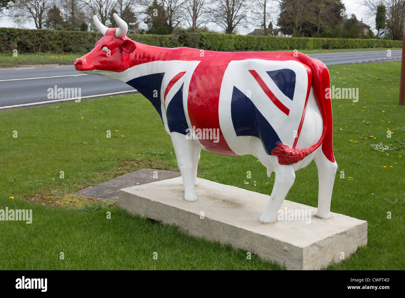 Cow Parade like cow. Nearly life size with union flag jack painted on. Farm shop near Ludgershall, Wiltshire. Stock Photo